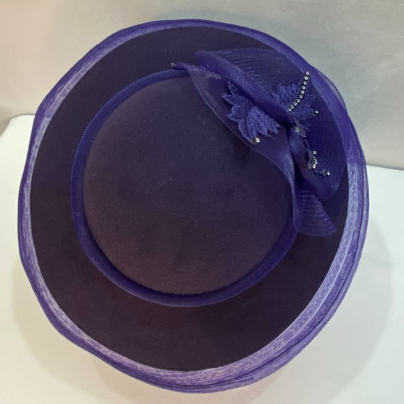 Bellini Womens Hat Purple 100% Wool Wide Brim Ribon Lace Rhinestone Band - Picture 8 of 10